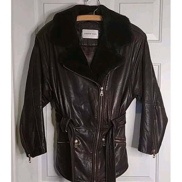 Andrew Marc Addition Women Brown Bomber Leather Jacket Faux Fur Collar Small VTG - Picture 1 of 16